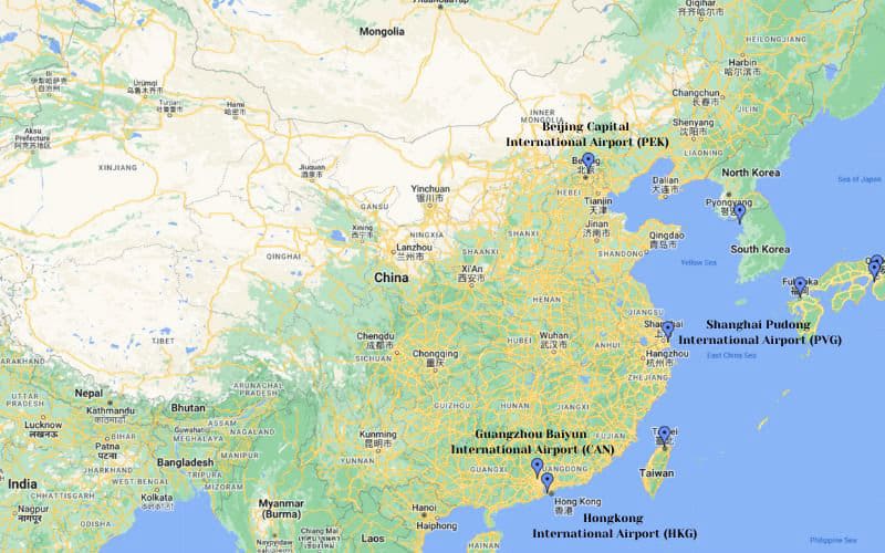 Belangrijkste luchthavens in China: